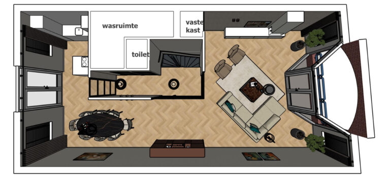 3D bovenaanzicht interieurontwerp woonkamer appartement Etten-Leur