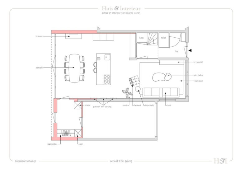 2D interieurontwerp en keukenontwerp voor de hoekwoning in Zevenbergen